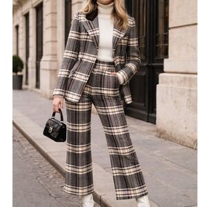 Vintage 70s Plaid Wool Three Piece Suit Jacket Skirt Bell Bottom Pants Set